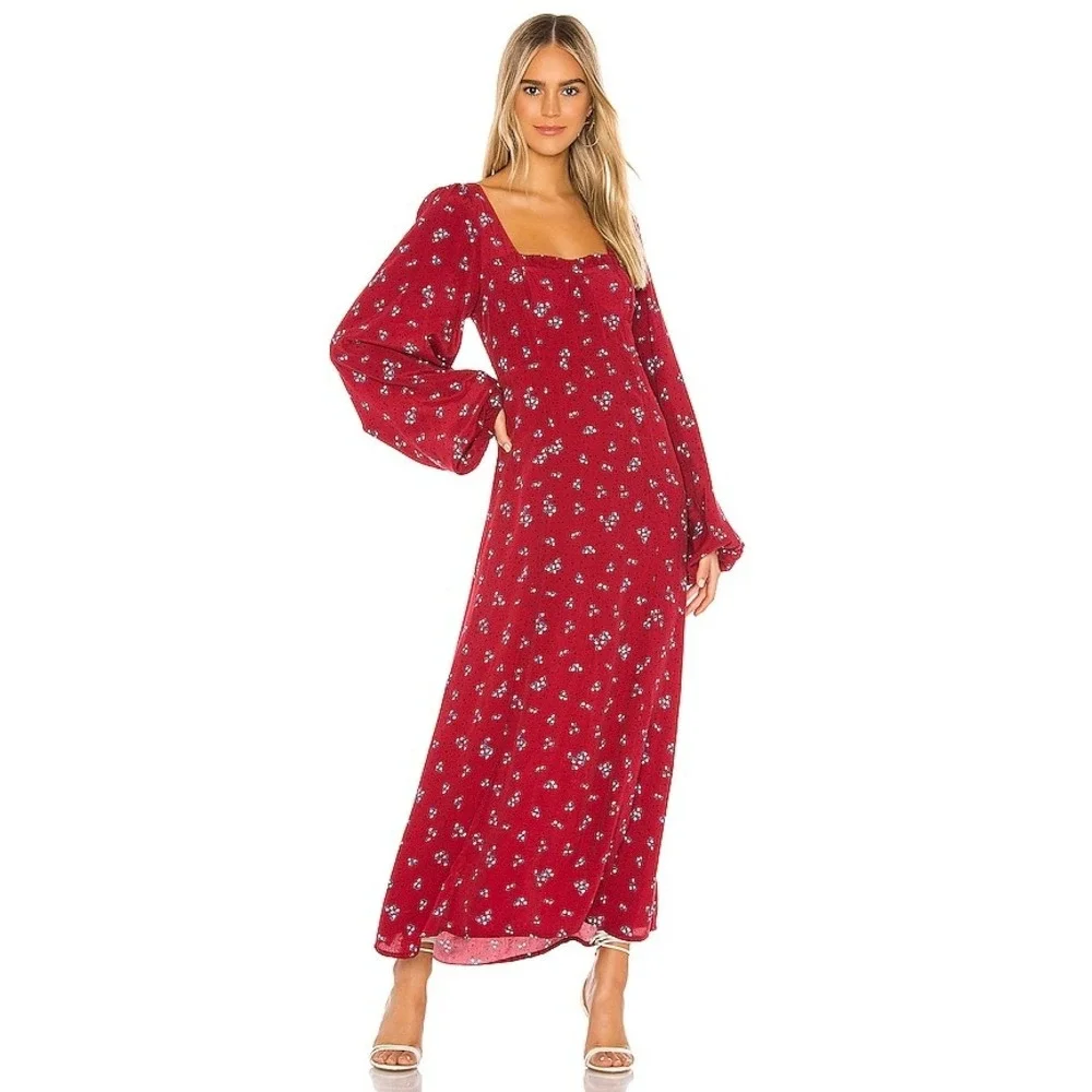 NWT Free People Iris Floral Midi Dress‎ Size Small Wine Red Womens Smocked Boho